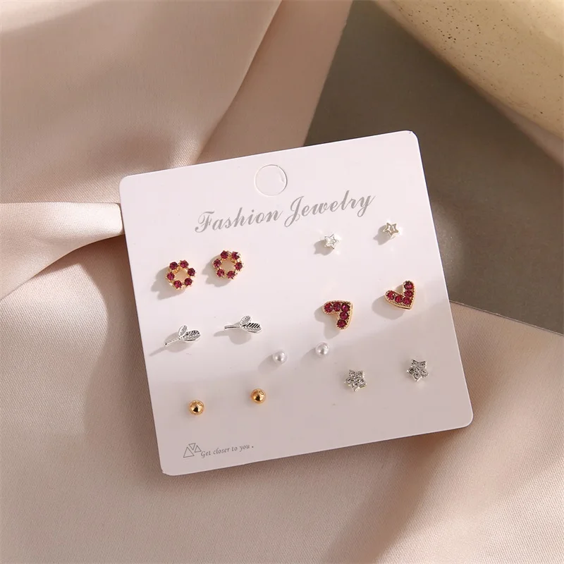 

EN 7Pairs/Set Crystal Heart Leaves Stud Earrings For Women Charm Rhinestone Small Pearl Earrings Set Jewelry Girls Gifts Brincos