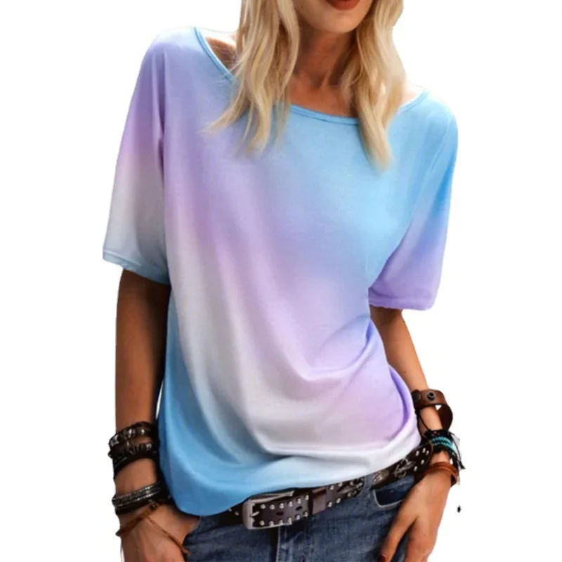 

2021 Fashion Summer Shirt Gradient rainbow print T Shirt For Women Geometry Printed Loose Harajuku casual top Female