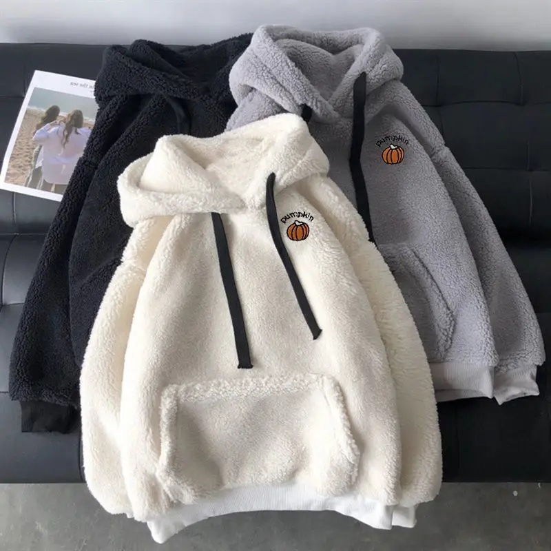 Boys and Girls Autumn and Winter Sweatshirt Hooded Sweater Plush Warm Fluffy Double Layer Hoodie Pullover Loose Casual Tops