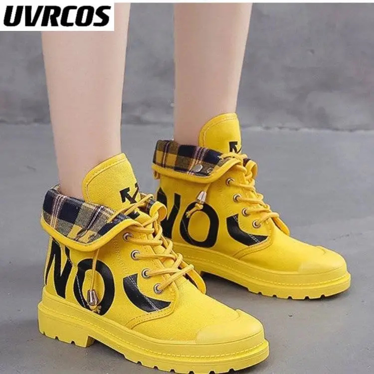 

Summer Women Martin Boots Breathable Round Toe Ladies Flat Boots Net Red Increased Graffiti Denim Solid Rubber Female Flat Boots