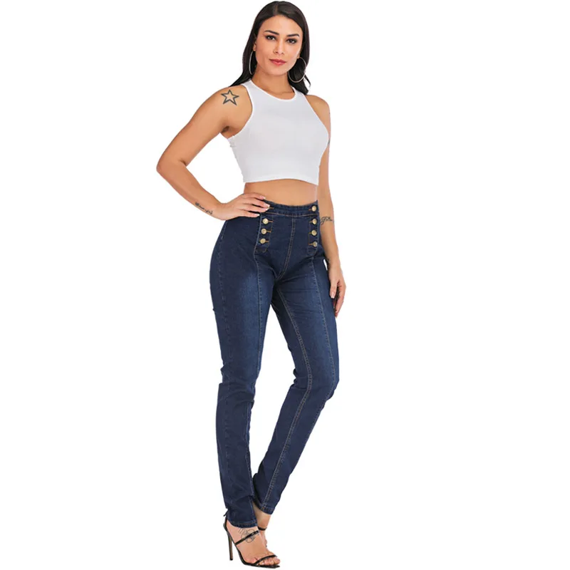 

Jeans women's pants trend double breasted elastic pants heel holes