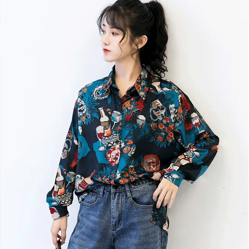 

Vintage Shirt Personality Printing Loose Temperament Long Sleeve Blouse