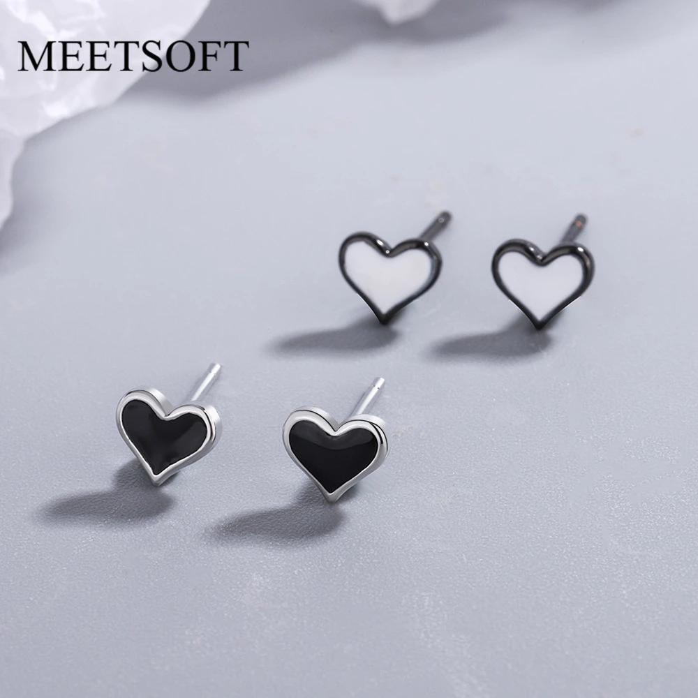 

MEETSOFT 925 Sterling Silver Minimalist Simple Heart Enamel Black Gold Stud Earring for Women Romantic Fine Jewelry Wholesale