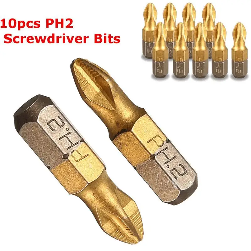 

10pcs/set Electric Screwdriver Bits Drill Bit Shank Titanium Coated Screwdriver Bits PH2 25mm For Power Tools High Quality