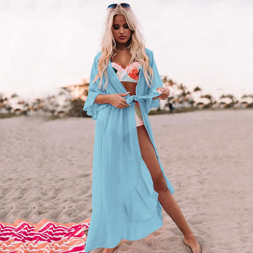 

2021 Sexy Swimsuit Cover Up Seaside Vacation Skirt Chiffon Beach Cover Up Women Bikini Cover Up Long Beach Dress Cardigan Tunics