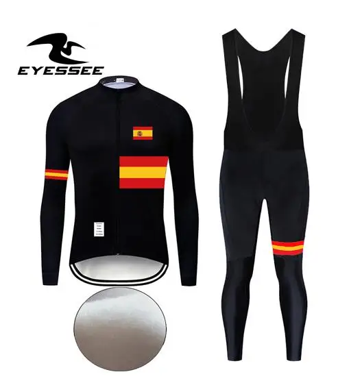 Eyessee Мужской комплект Джерси для велоспорта Pro Team зимний комплект для велоспорта термальный флис Испания велосипедная одежда Maillot Ropa Ciclismo - Цвет: Long strap set