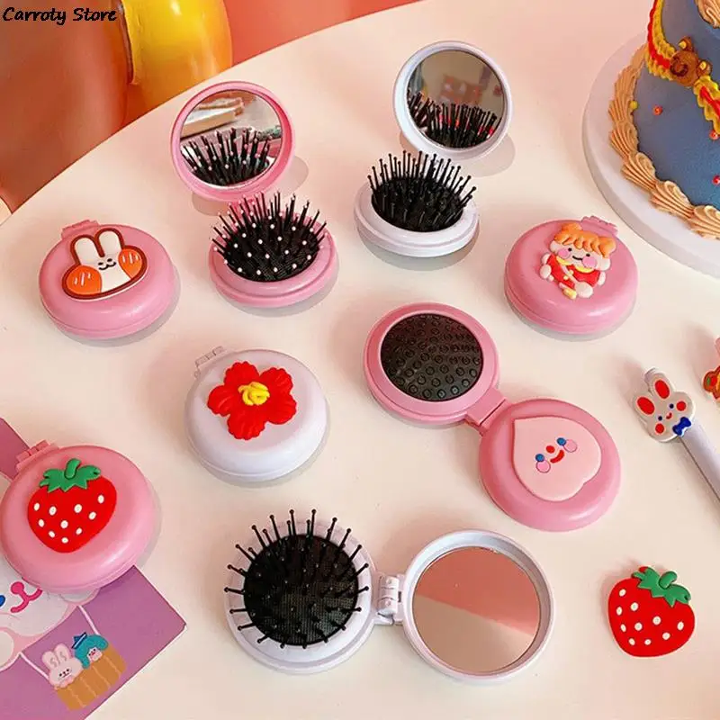 Ful Airbag Folding Mirror With Comb Portable Pocket Small Travel Girls Cartoon Hair Brush