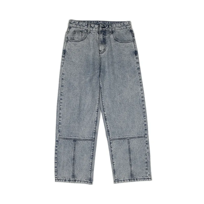 

2021 Spring/Autumn Versatile Straight For Men Wide Leg Loose LightBlue Patchwork Long Boys Demin Jeans Pants