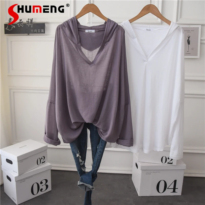 

2021 Spring Summer New Hooded Top Long Sleeve Ice Silk Comfort Long-T-Shirt Simple Solid Color Sun Protection Lady Basic Tee