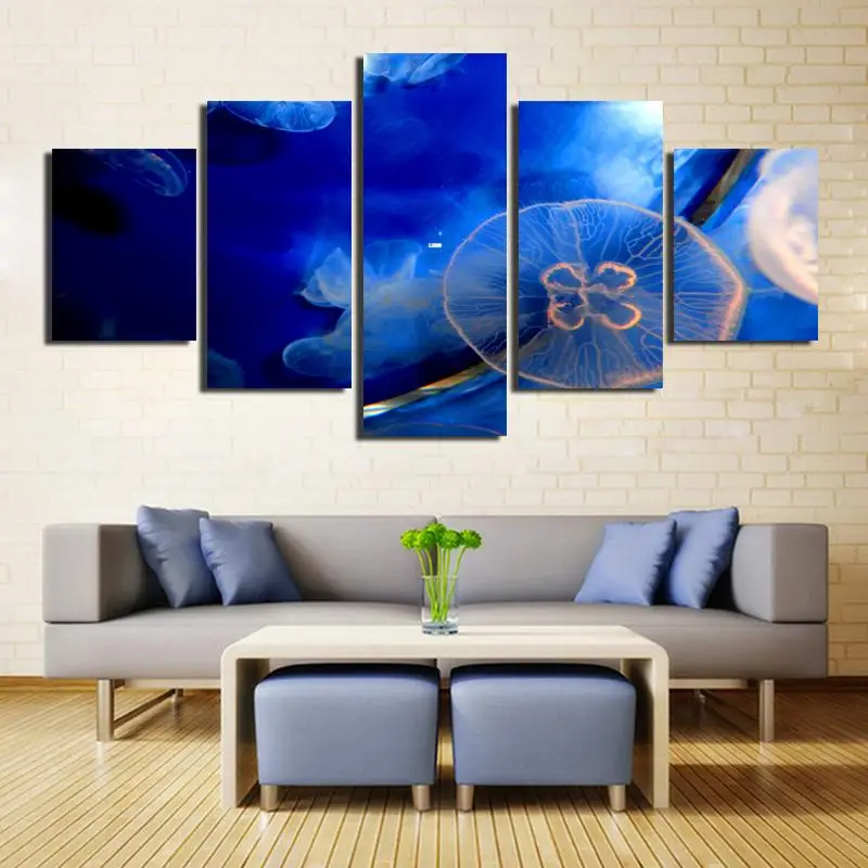 

Blue Jellyfish 5 Piece Decoration Painting Animal Poster Sofa Background Wall Home Living Room Decorative Painting