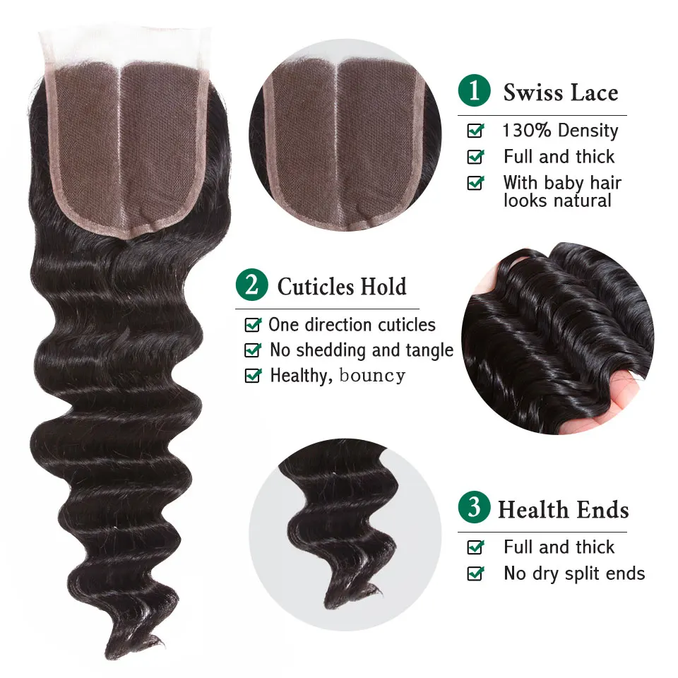 Свободные глубокие волнистые человеческие волосы 3 пучка с закрытием 4x4