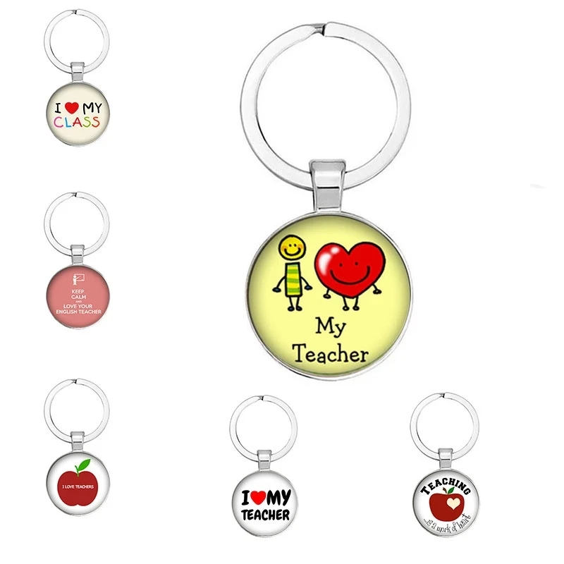 

New 25mm Handmade Teacher Keychain Glass Cabochon Image Vertical Pendant Keychain Holder Happy Teachers Day Jewelry Gift