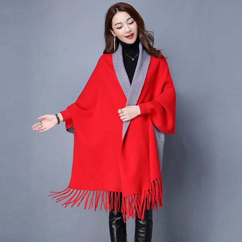 Женский свитер шаль пальто трикотажная с бахромой рукав летучая мышь женский