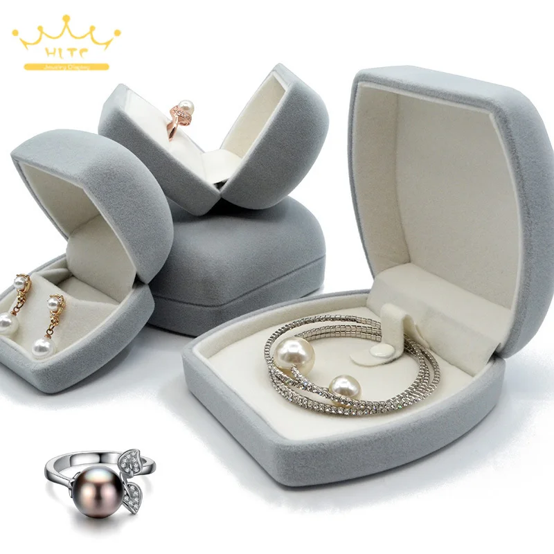 

Quality Velvet Ring Box with Large Belly Bread Oval Locket In Light Grey Inner Beige Jewel Box Organizer