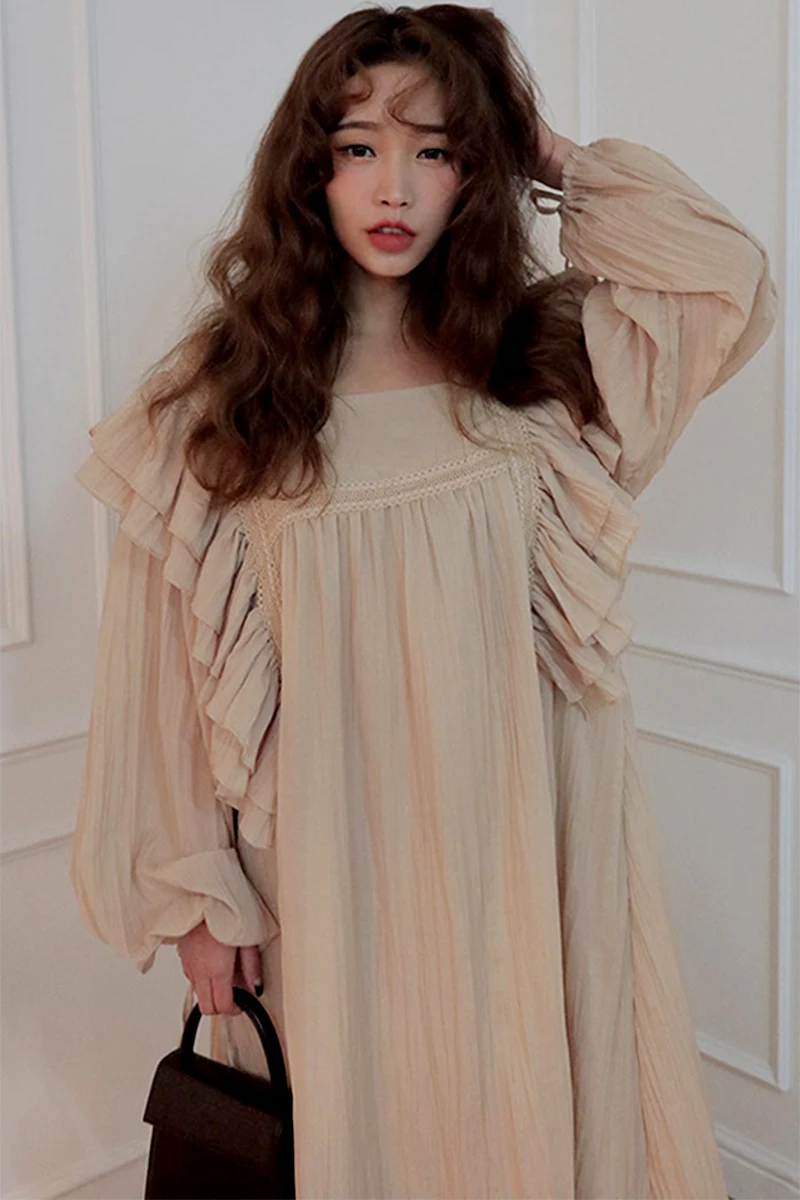 

Korean chic summer gentle square collar ruffled stitching fold design loose and versatile puff sleeve dress