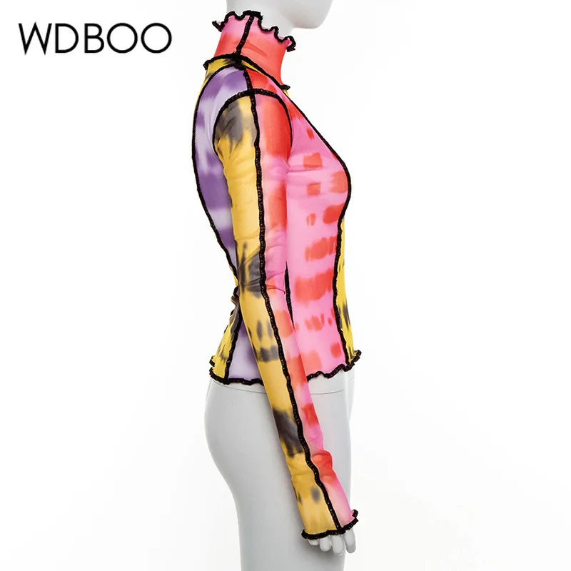 Изящная тонкая Сетчатая футболка WDBOO осенняя цветная прозрачная с длинным