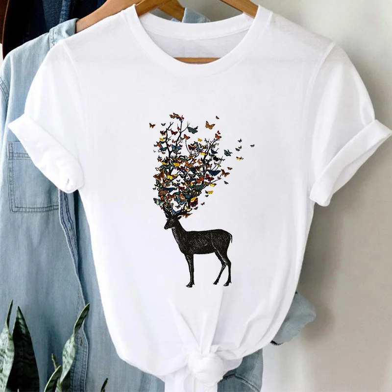 

Ladeis T shirt Summer deer flower Ladies Tee Tops Casual 90s Short sleeve Harajuku Female Tee Tops Fashion Woman T-shirts 2021