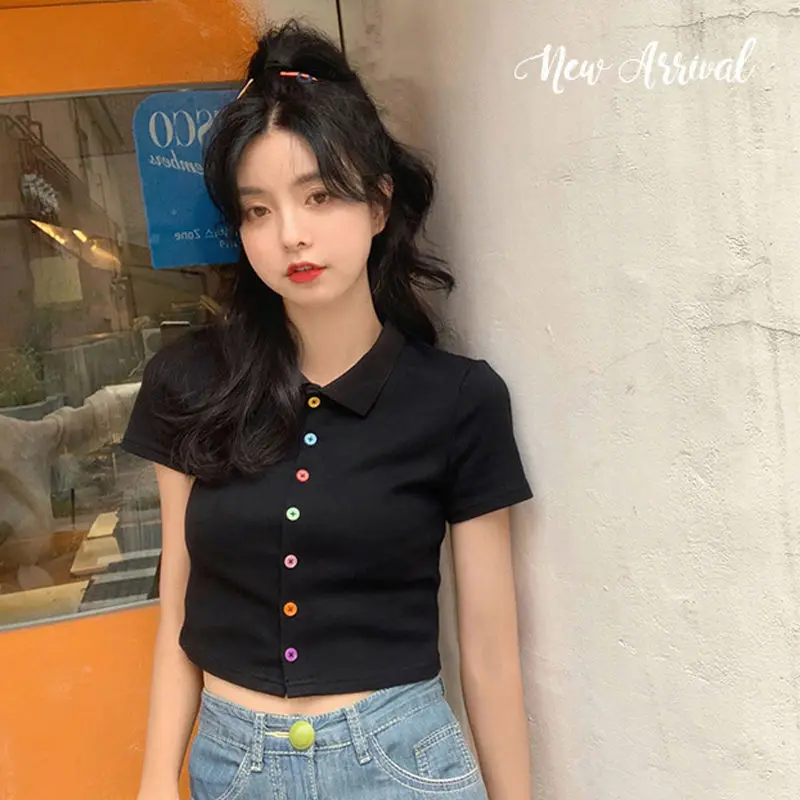 

Женский летний облегающий короткий топ с высокой талией в Корейском стиле 2021, футболка с короткими рукавами для студентов