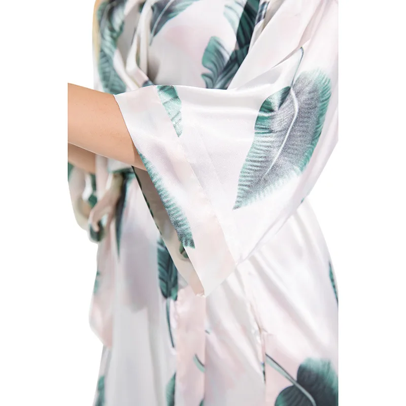 

Summer Leaf Printing Bride Wedding Robe Satin Sleepwear Women Nightgown Sexy Nightdress Lady Kimono Bathrobe Gown Negligee
