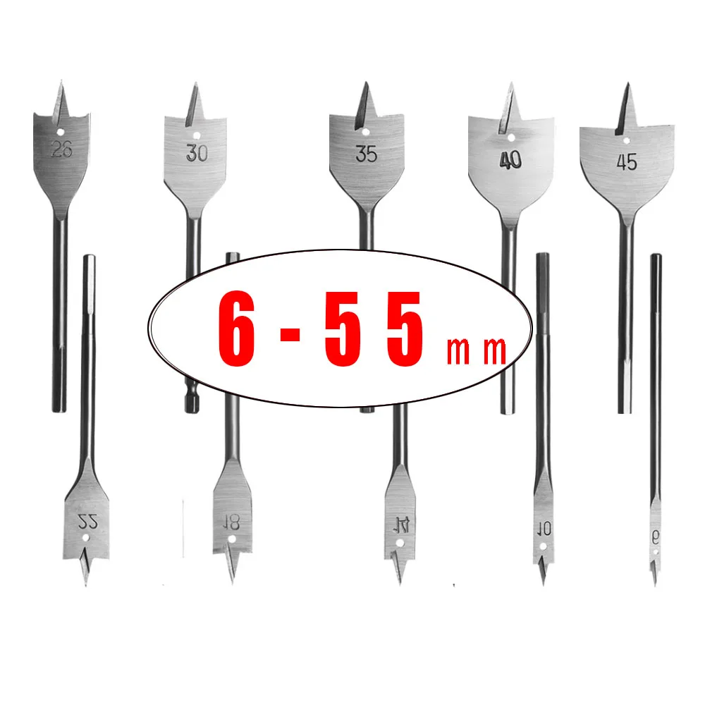 

1 шт., высокое качество, 6-55 мм, прочный деревообрабатывающий инструмент, плоское сверло, высокоуглеродистая сталь, плоские сверла по дереву, деревообрабатывающие лопаточные сверла