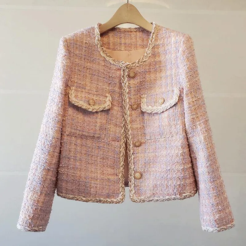 

ZAWFL, новинка 2021, дизайнерское короткое пальто, женские милые пуговицы со стразами, шерстяные смешанные цвета, клетчатая твидовая короткая куртка