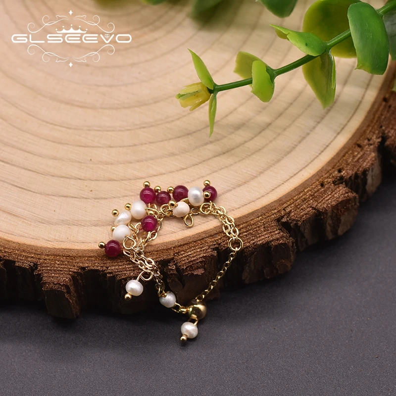 

GLSEEVO Natural Freshwater Pearl Ring For Ladies Wedding With Garnet Copper With 18k Gold Plated Romantic jewelry GR0269A