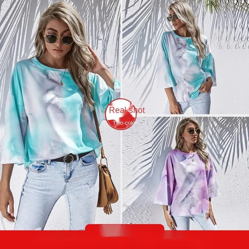 

Summer Autumn Women Sweatshirts Streetwear Round Neck Tie Dyed 3 / 4 Sleeve Fashion Vintage Clothes Aesthetic Pullover Tops