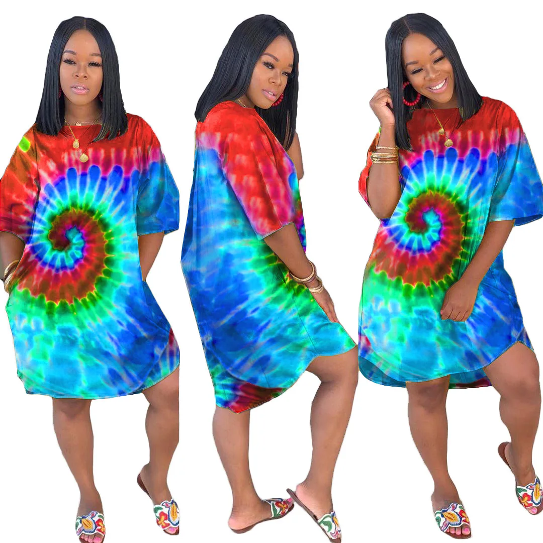 

Summer New Style Irregular Women's Clothing Fashion Tie Dye Printing Sexy Short Sleeved Round Neck Pullover Loose Casual Dress
