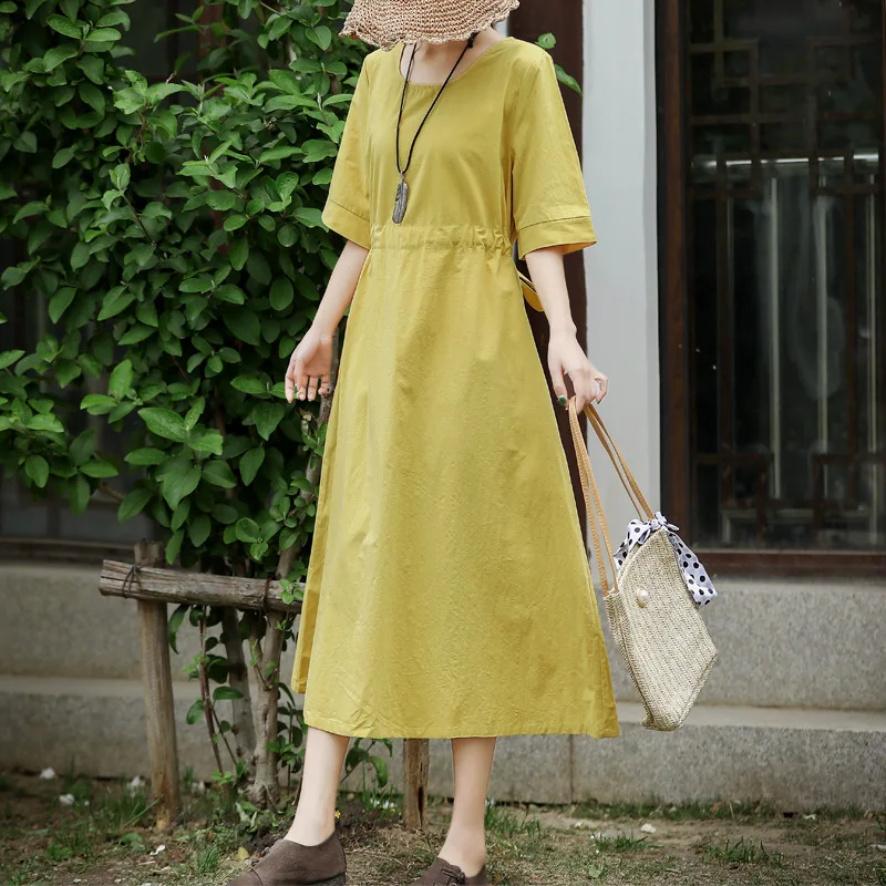 

Женское платье с поясом Johnature, однотонное хлопково-льняное с круглым вырезом и коротким рукавом, удобная простая одежда на лето 2021