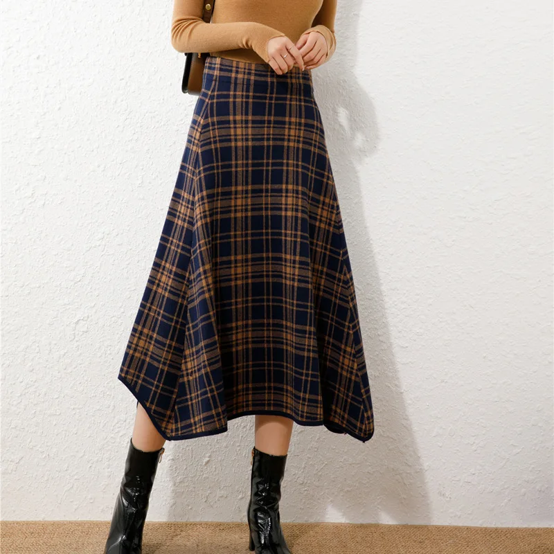 

Woman Pleated Midi Length Skirt Female Autumn Winter High Waist A-line Skirt Ladies Vintage Casual Plaid Skirts Streetwear A139