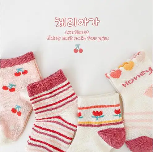 

1-12 Year 4Pairs/Lot Spring and summer thin cherry girl socks combed cotton children's mesh socks