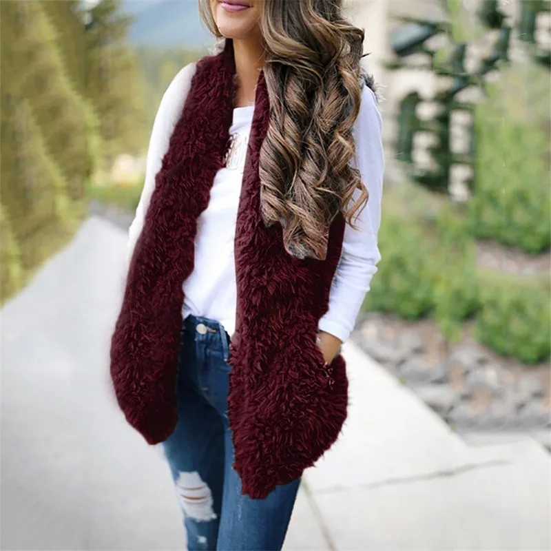 

Winter 2021 Women's Plush Faux Fur Vest Casual Sleeveless Warm Vest Jacket Fall New Female Solid Color Warm Cashmere Cardigan