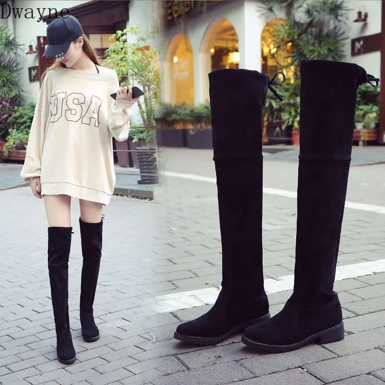 New Type of Thick-heeled Knee Boots for Women in 2019 Black Flat-bottomed Low-heeled Slim-legged Long-barreled | Обувь