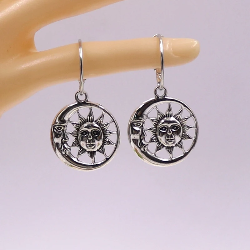 Женские модные серьги висячие круглой формы ретро символы солнце и луна тотем