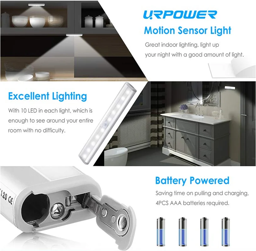 10 LEDs PIR LED Motion Sensor Light Cupboard Wardrobe Bed Lamp LED Under Cabinet Night Light For Closet Stairs Kitchen images - 6