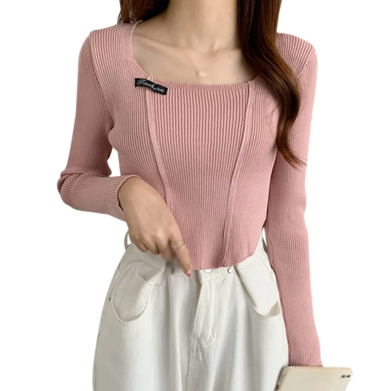 

Irregular Round Neck Lock Bone Full Sleeve Solid Color Pullover Female Wearing Bottoming Slim Knitted Sweater