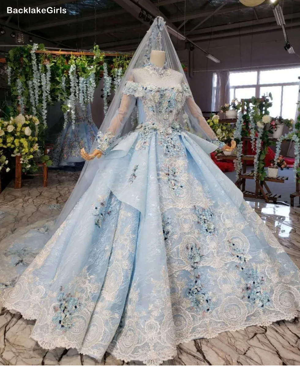 Элегантное свадебное платье с аппликацией цветы Иллюзия Высокая шея Тюль