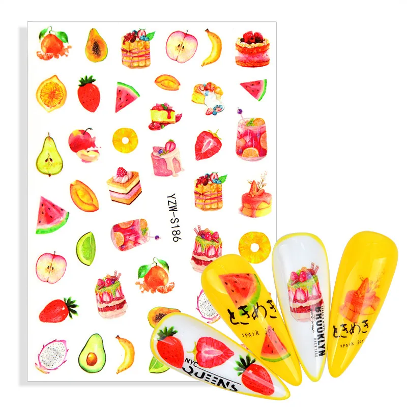 

1 шт. 3D Арбуз, клубника, авокадо, лимон, ананас, стикер для дизайна ногтей, наклейка, клейкая цветная фруктовая папайя, маникюр, слайдер, оберты...