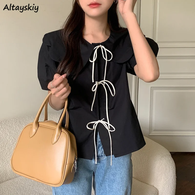 

Women Blouses Black Solid Short Puff Sleeve Shirts Peter Pan Collar Sweet Kawaii Korean Style Fashion High Street Vintage Design