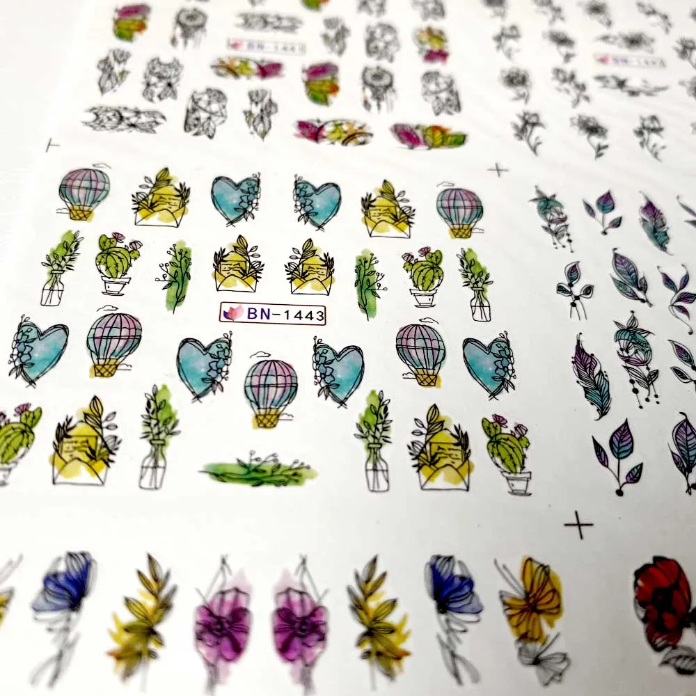 12 видов акварельных наклеек для ногтей в виде листьев с перьями птиц слайдер