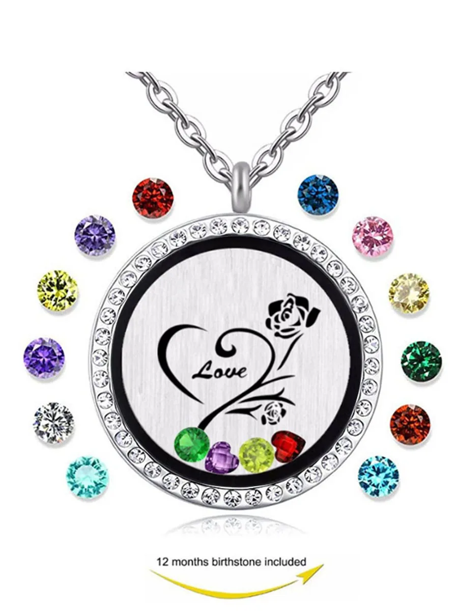 

Rose flower love forever Floating Living Memory Locket Pendant Necklace with Birthstone pendant necklace jewelry Gift for her