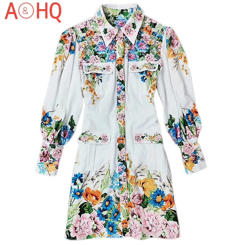 

Mini Dress Designer High Quality Autumn New Women'S Fashion Party Holiday Sexy Vintage Belt Elegant Flower Print Dresses