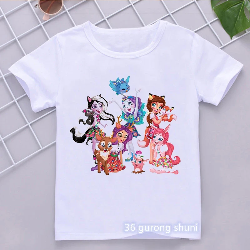 

Kawaii Kids Clothes Funny Enchantimals Fox/Pig/Deer/Bird/Cat Tshirt Girls/Boys Christmas Gift T-Shirt Harajuku Shirt Wholesale