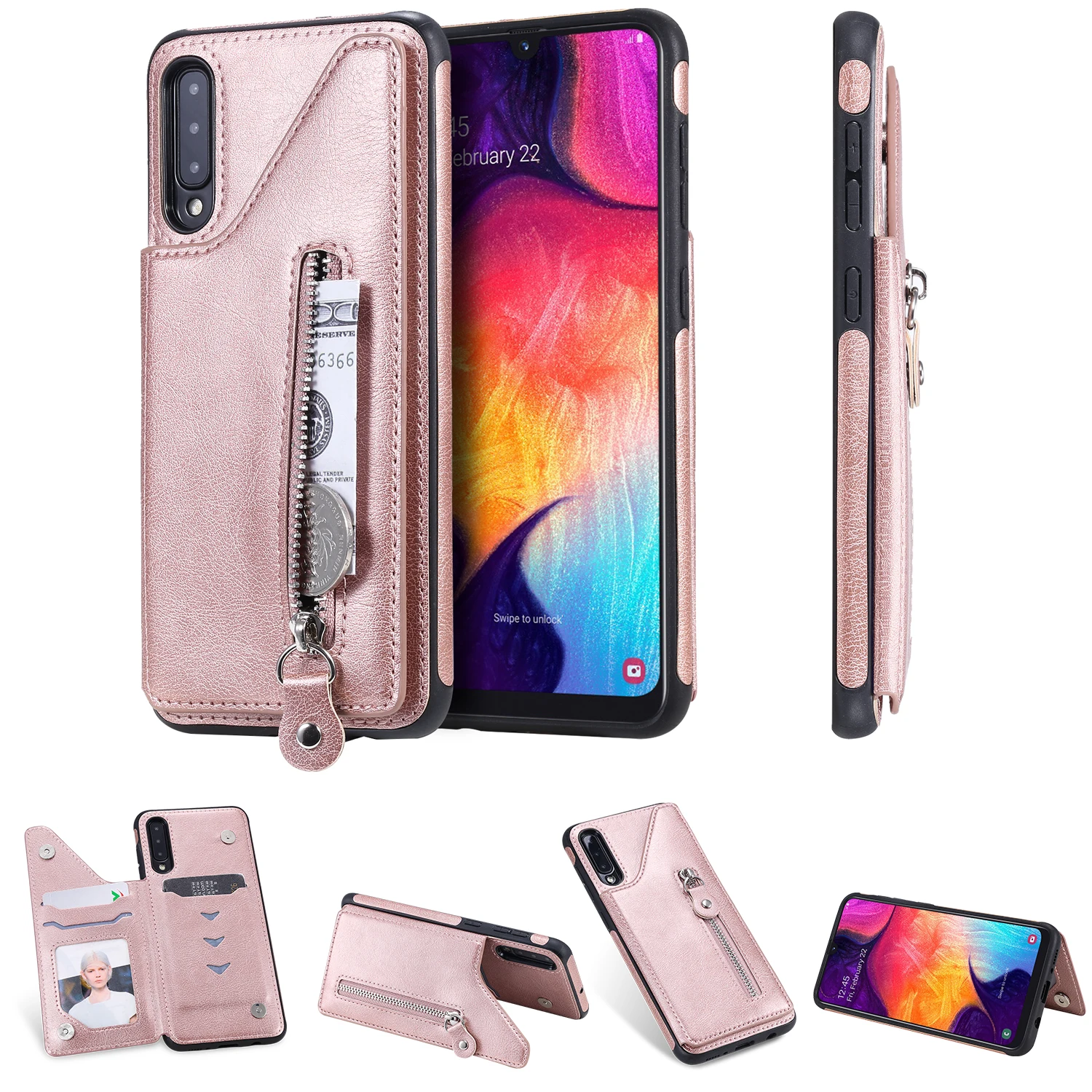 Rose Gold Классическая сумка на молнии для samsung Galaxy A50 ударопрочный кошелек задняя крышка чехол с отделениями для карт для A30S/A50/A50S - Цвет: Rose Gold