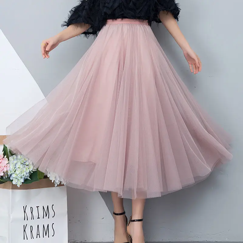 

Summer Women Lace Gauze Long Maxi Skirt Elegant Korean Sweet A-line Mid Length High Waist Elastic Plus Size Solid Skirt