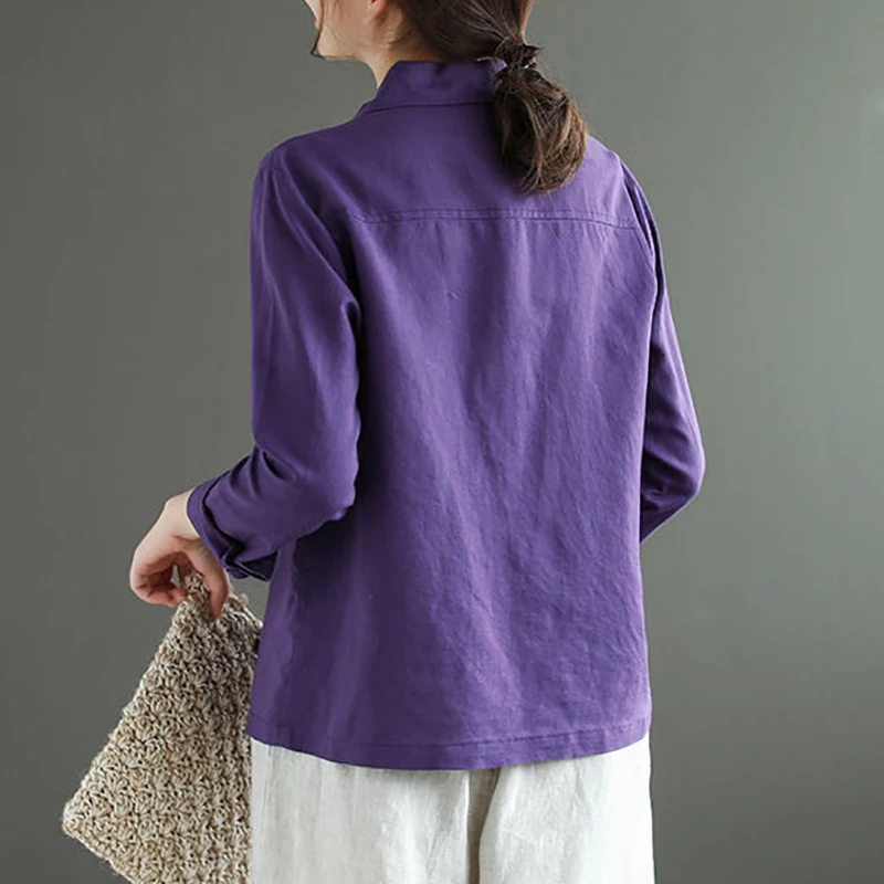 Cotton Linen Plus Size Collared Shirt Womens Long Sleeve Vintage Embroidery Blouse Tops Button Up Ladies Clothes Casual