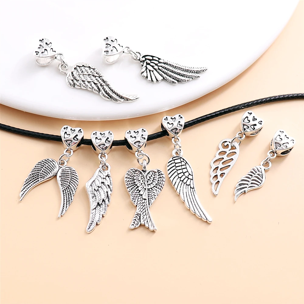 8PCS Vintage Silver Plated Heart Wing Dangle Charm for Women's Pendant Necklace DIY Jewelry Making Bracelet Gift