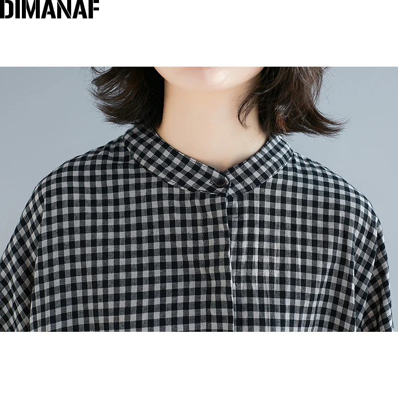 Женская рубашка с длинным рукавом DIMANAF хлопковая льняная блузка в клетку