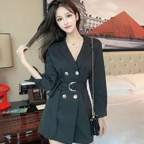 Сексуальный черный двубортный пиджак платье деловая модельная одежда халат