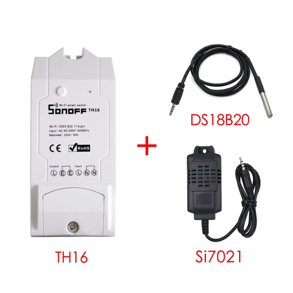TH16 DS18B20 Si7021 Sonoff TH16 TH10 умный Wifi переключатель 16A 10A с датчиком контроля температуры и влажности умный дом автоматизация - Комплект: TH16 DS18B20 Si7021